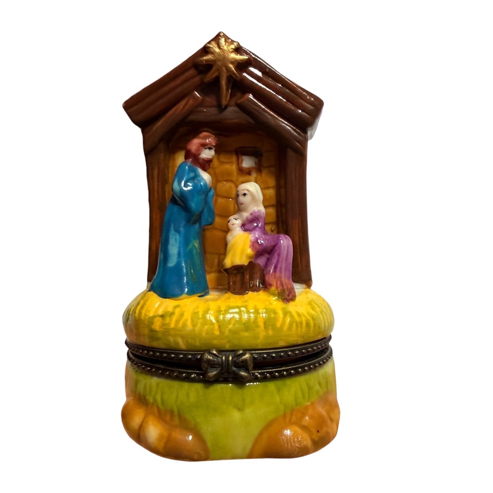 TBN Trinity Broadcasting Network Nativity Scene Ceramic Hinged Trinket Box 3.5in
